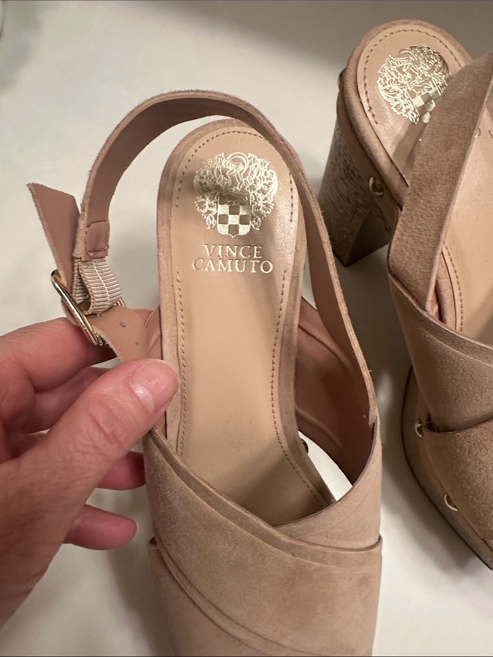 Vince Camuto Taupe Suede Crisscross Platform Sandals - Picture 2 of 9